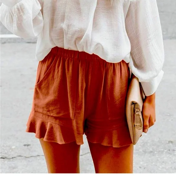 HUUSA Women's Orange Rust Ruffle Shorts with Pockets, Small - Picture 1 of 10